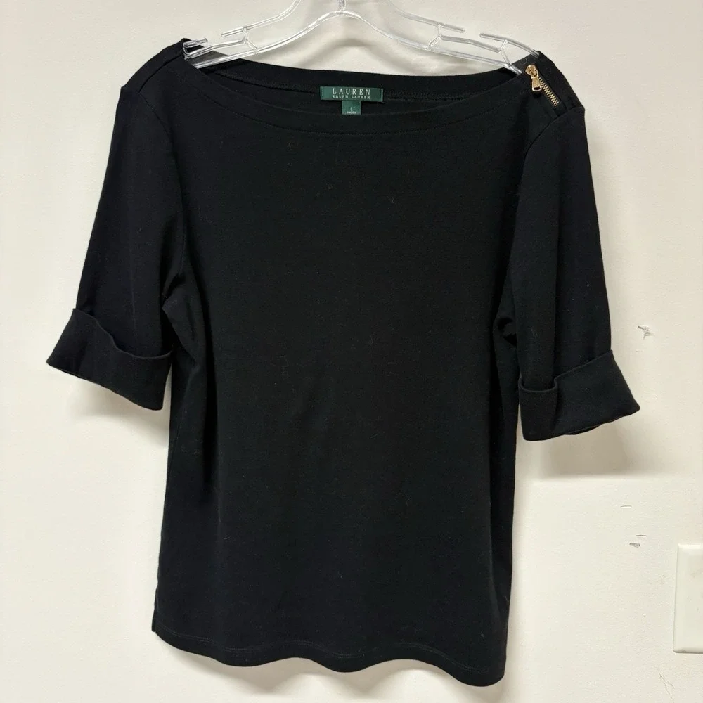 Lauren Ralph Lauren Black Boat Neck Zipper Accent Cotton Top  Size LG Nautical - Picture 2 of 6